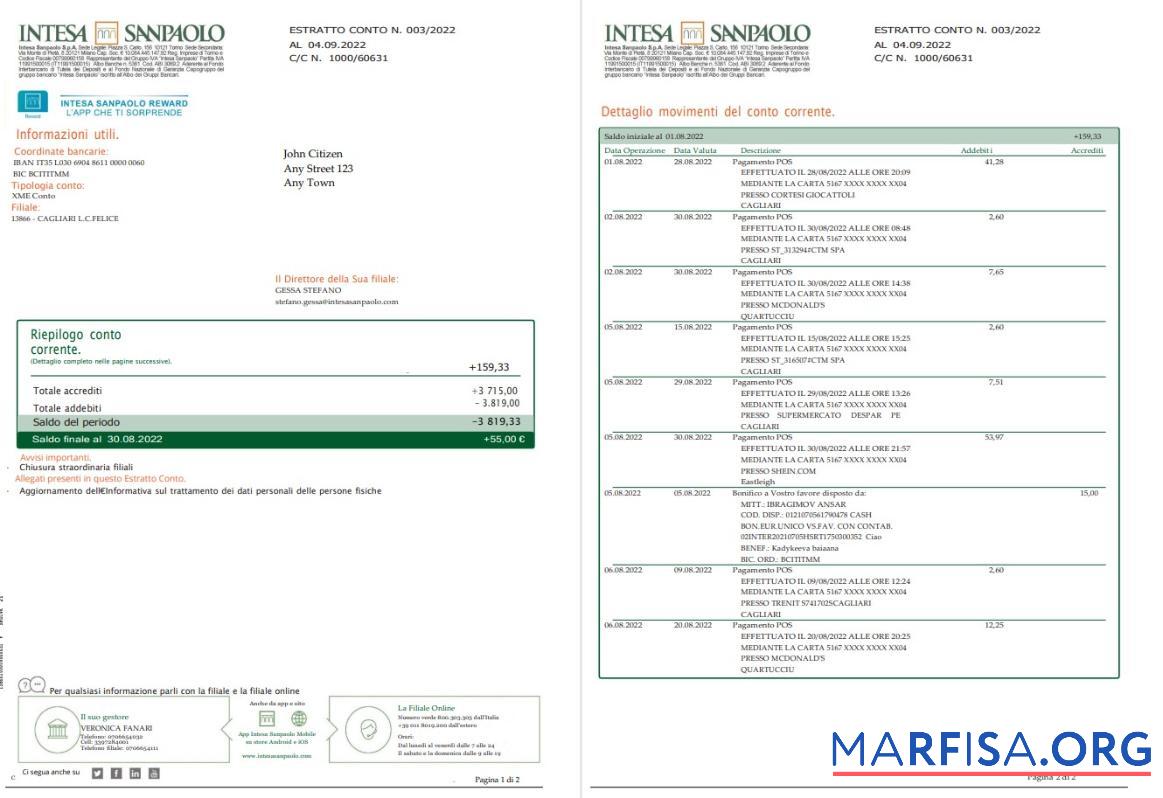 Realistic Italy Intesa Sanpaolo bank statement word 2 pages example